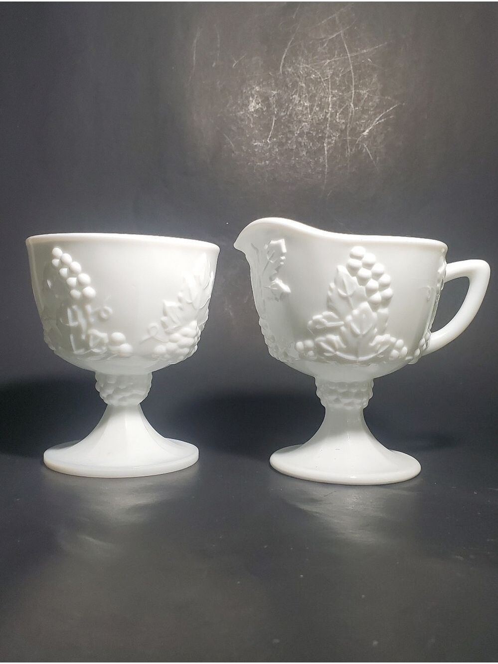 Vintage Indiana Glass Colony Harvest Grape Milk Glass Creamer & Sugar Bowl Set